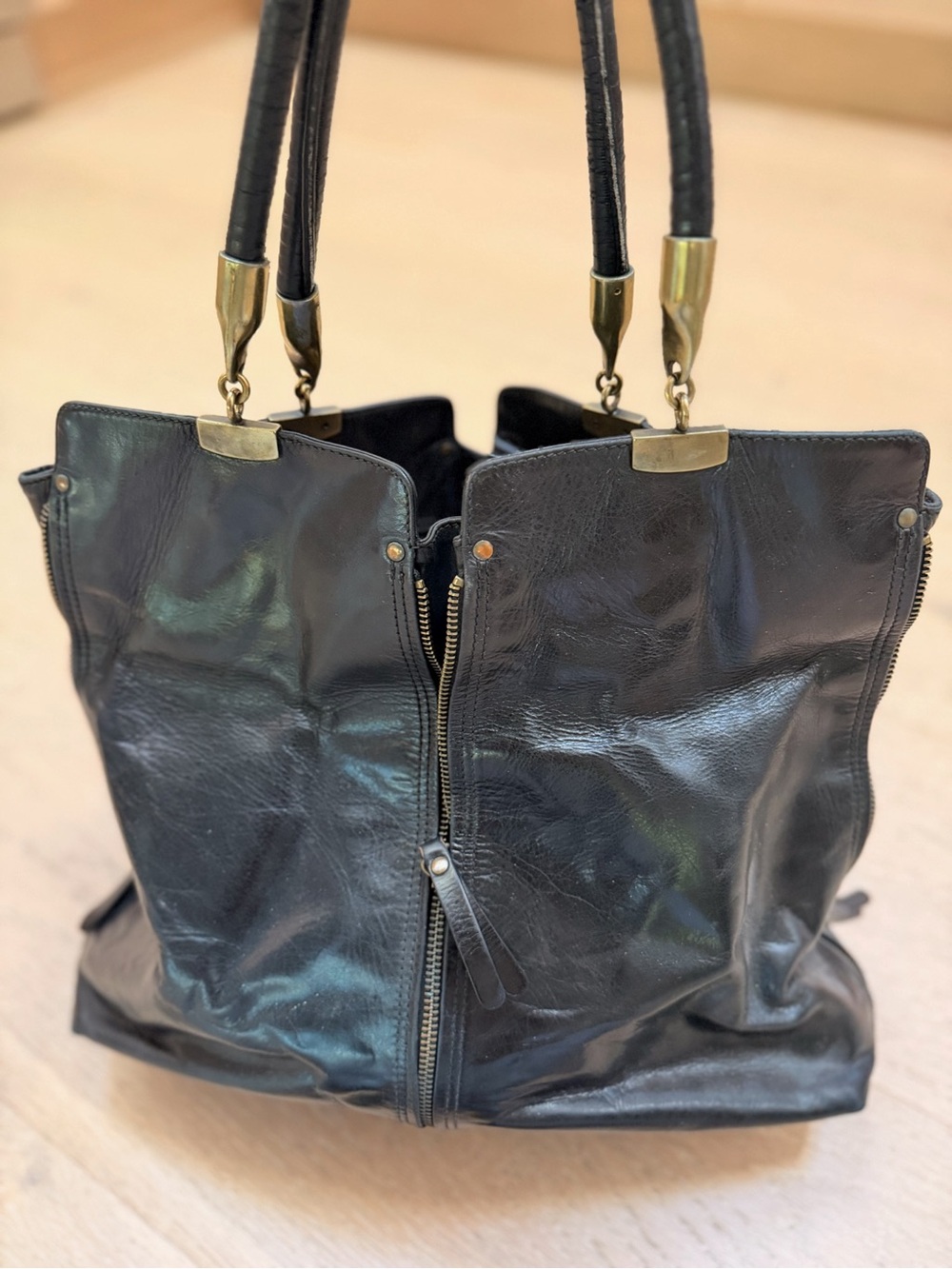Sigerson Morrison Black Leather Shoulder Tote with Brass Hardware